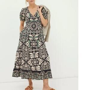 Fatface Women's Black Priya Mosaic Leaf Midi Dress Size 6